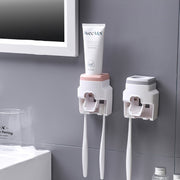 White Pink Wall-Mounted Toothbrush Holder Set With Automatic Dispenser