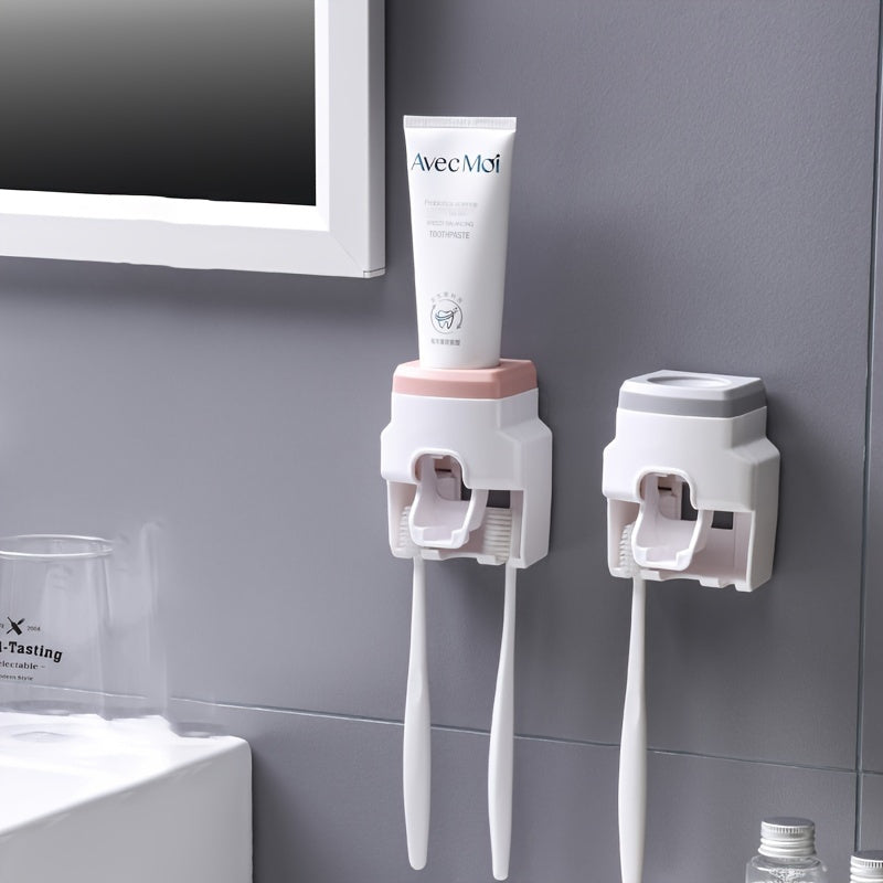 White Pink Wall-Mounted Toothbrush Holder Set With Automatic Dispenser