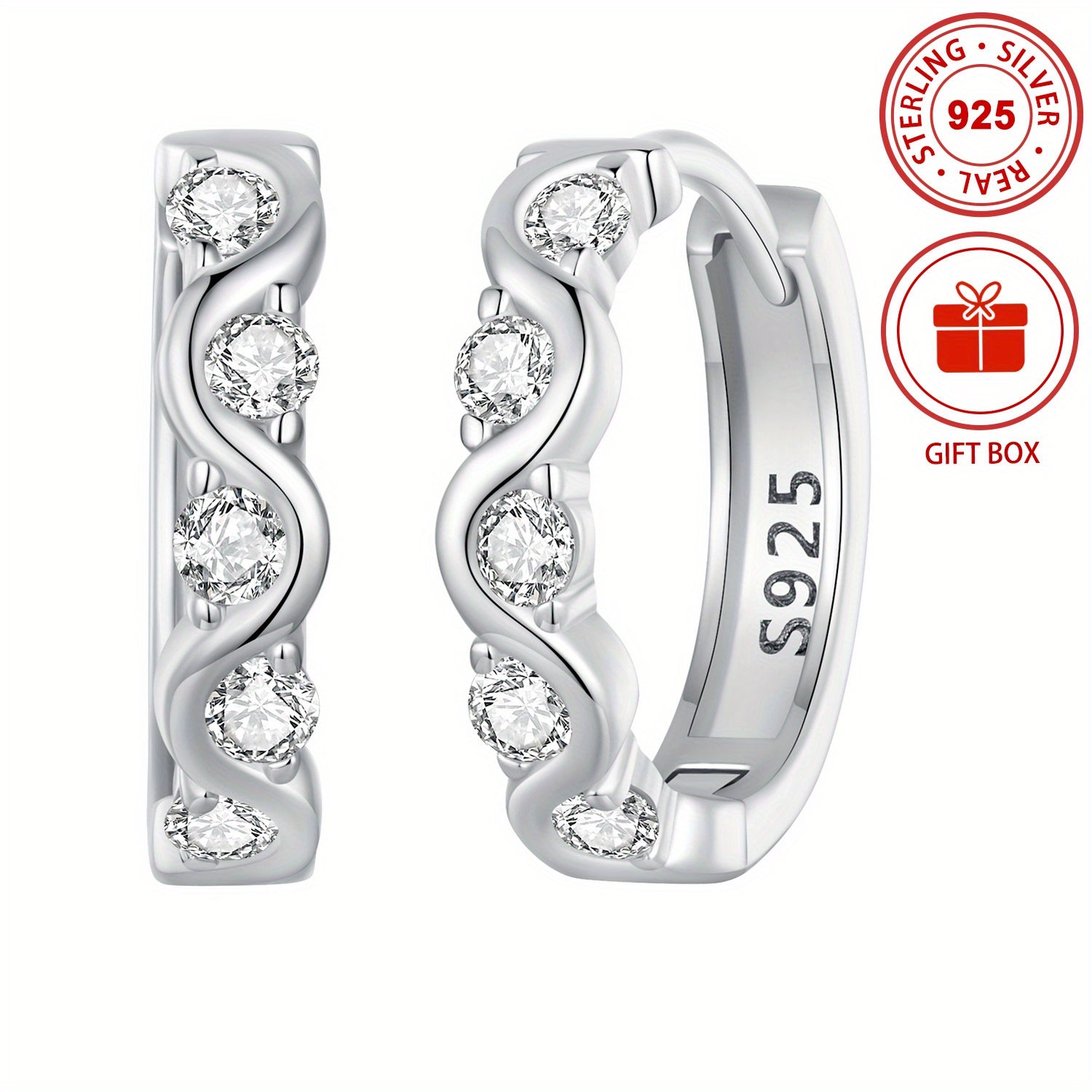 Sterling Silver Wave Earrings Cubic Zirconia Lightweight for Women