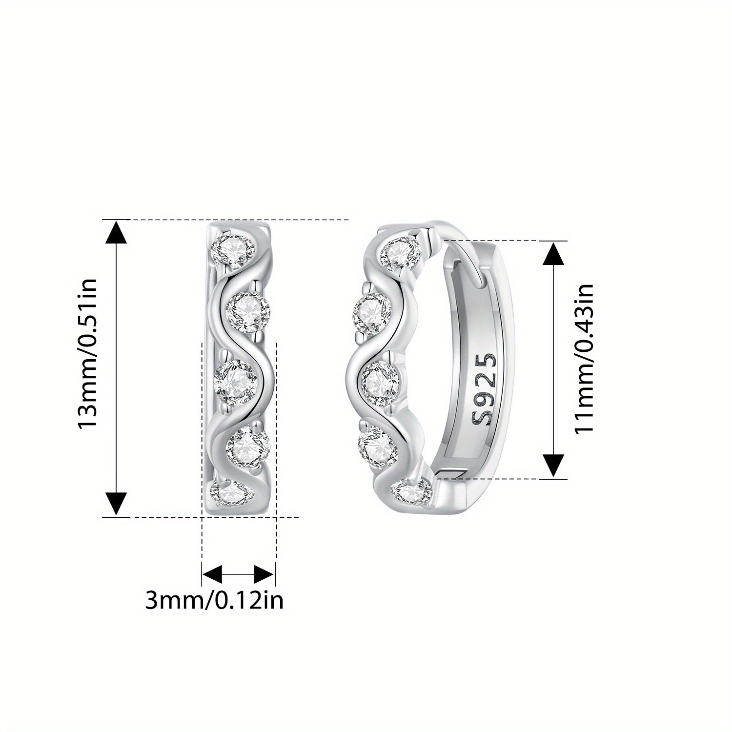 Sterling Silver Wave Earrings Cubic Zirconia Lightweight for Women