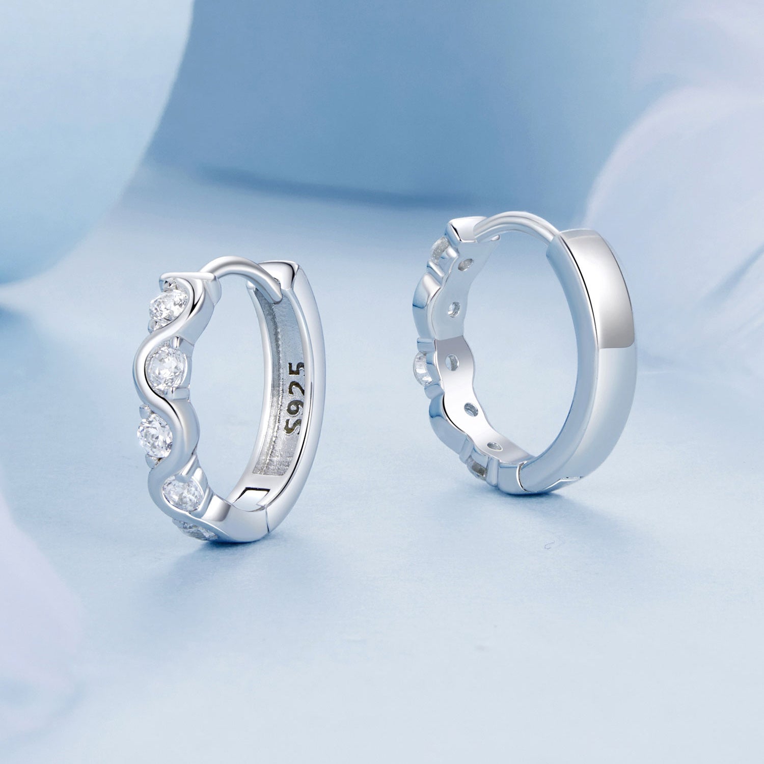 Sterling Silver Wave Earrings Cubic Zirconia Lightweight for Women