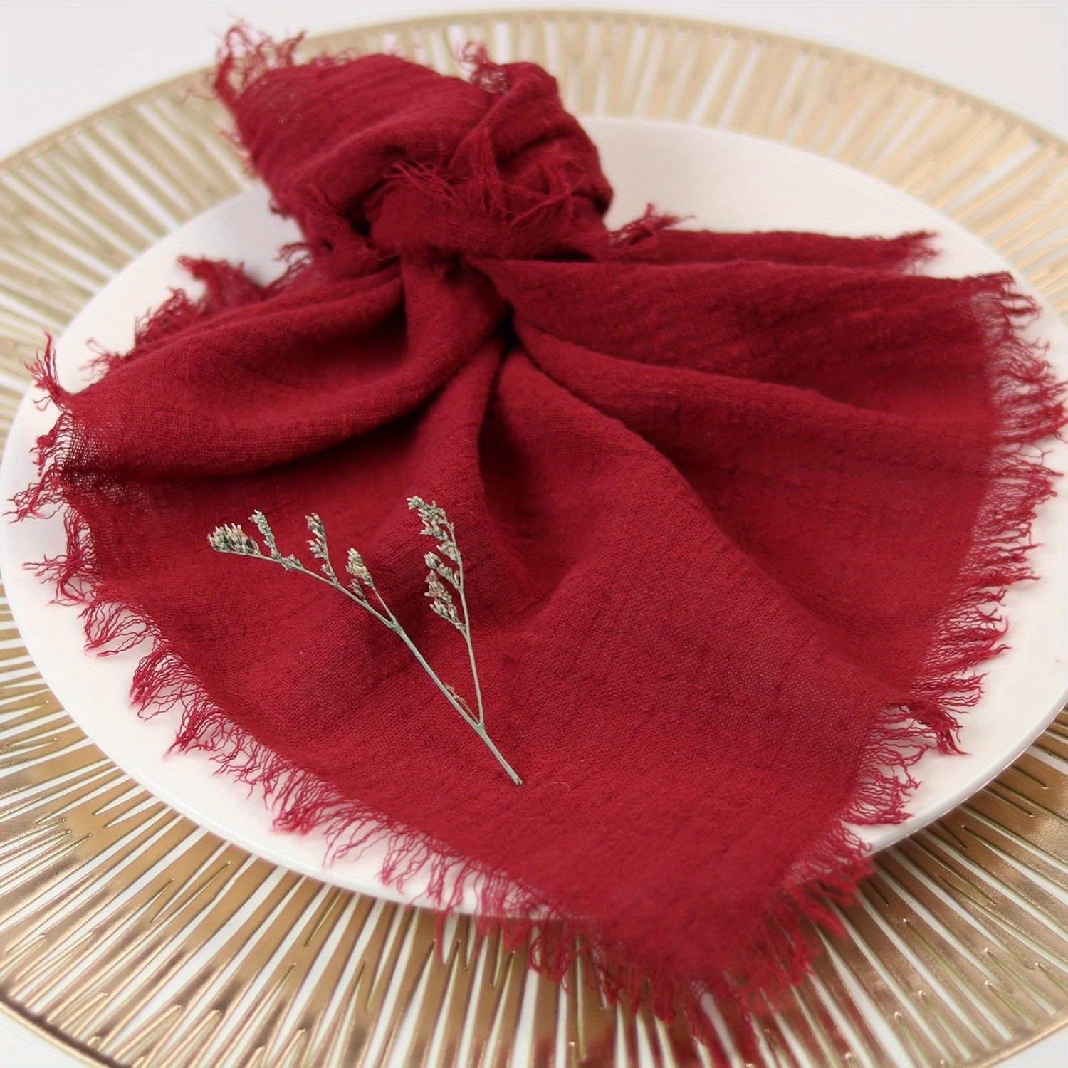 Rustic Linen Napkins with Fringe 32x32 cm Deep Maroon for Elegant Dining and Home Decor