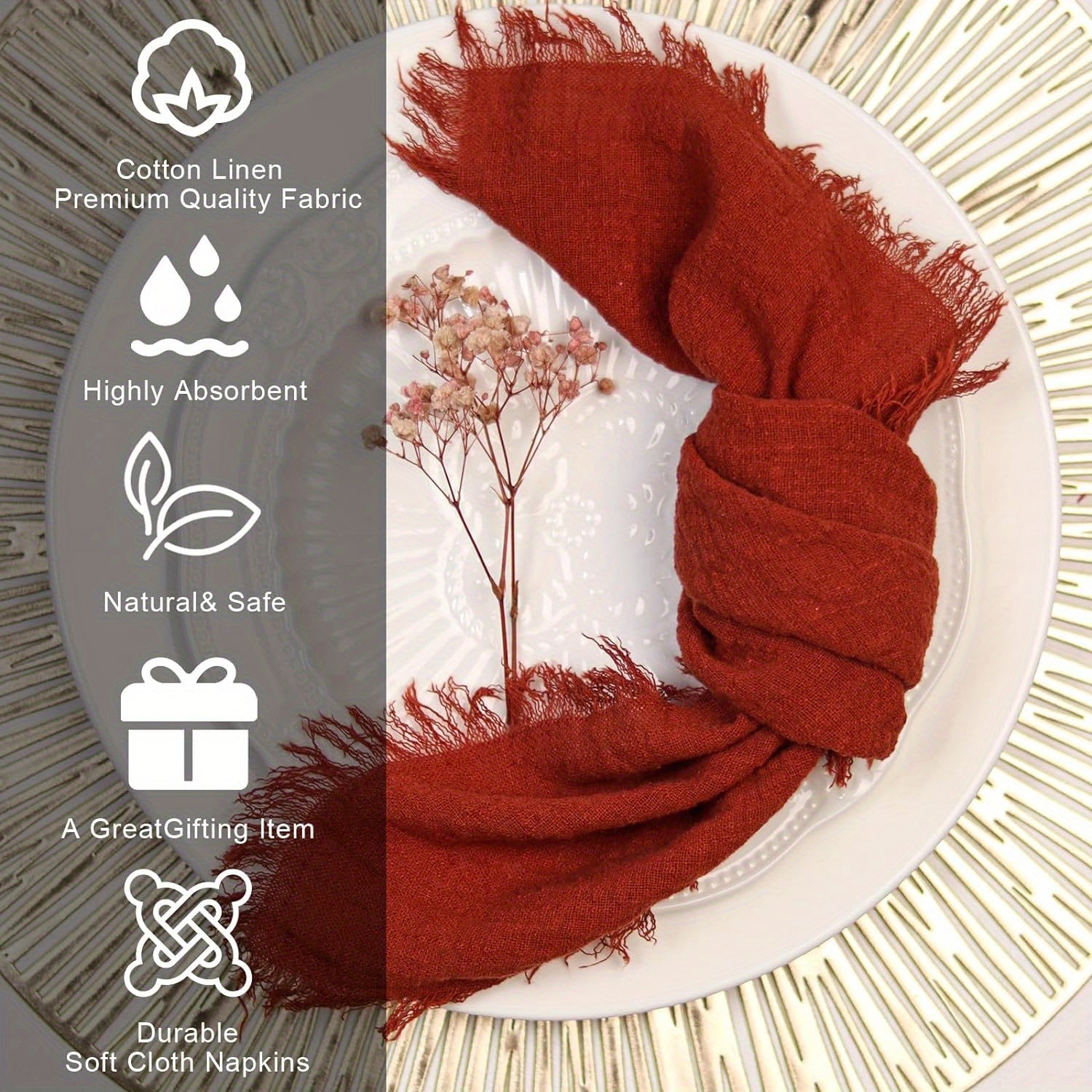 Rustic Linen Napkins with Fringe 32x32 cm Deep Maroon for Elegant Dining and Home Decor