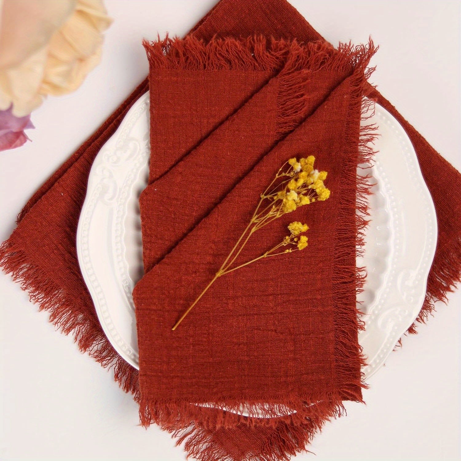 Rustic Linen Napkins with Fringe 32x32 cm Deep Maroon for Elegant Dining and Home Decor