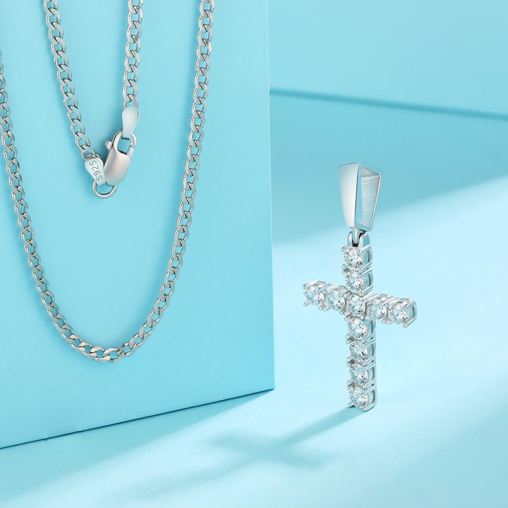 Sterling Silver Moissanite Cross Necklace Pendant for Wedding and Gift