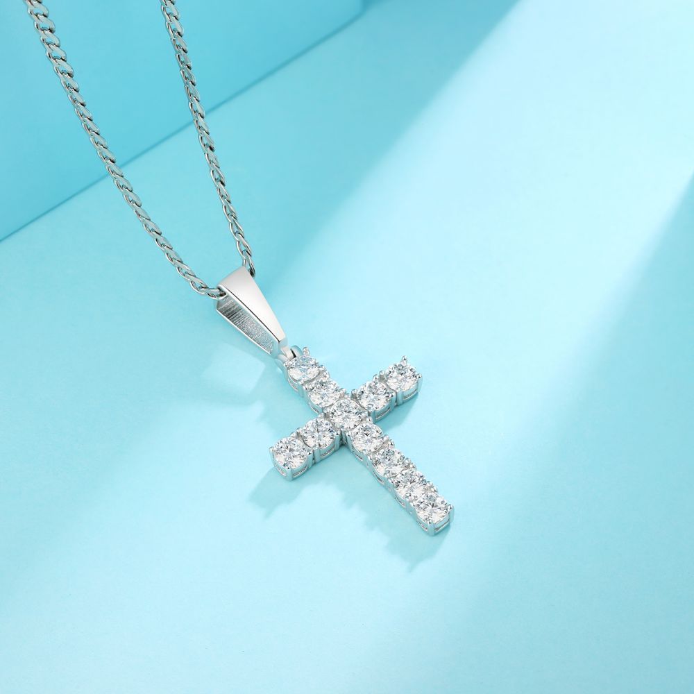 Sterling Silver Moissanite Cross Necklace Pendant for Wedding and Gift