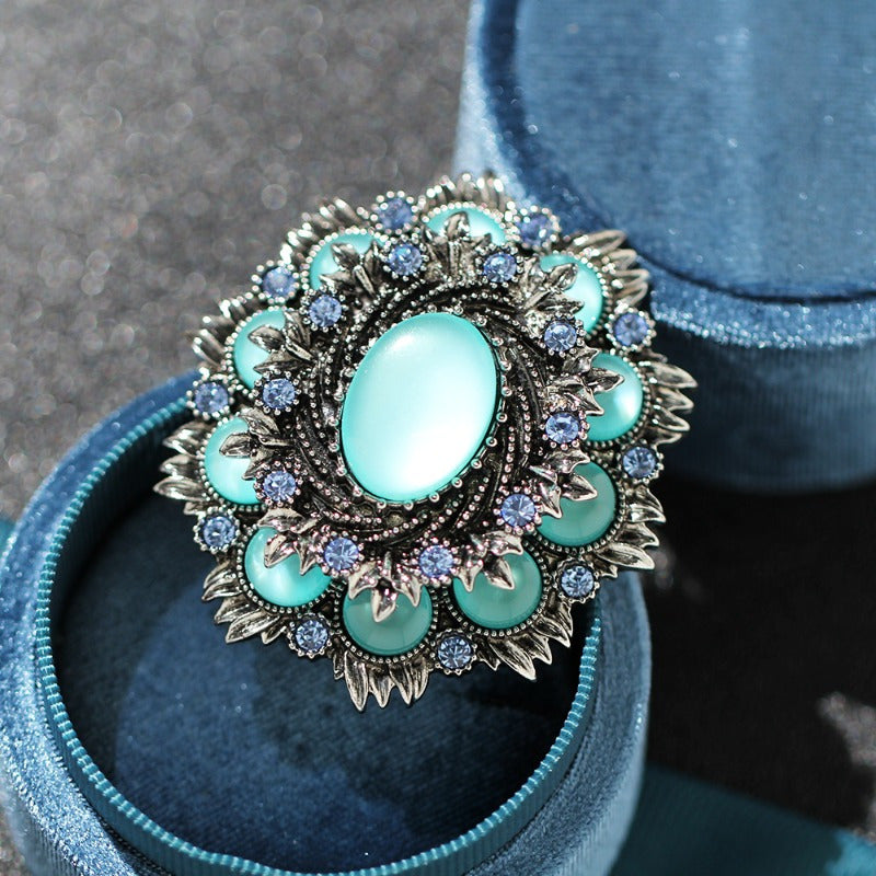 Vintage Blue Opal Brooch for Women Retro Corsage Exaggerated Pin Jewelry Accessory