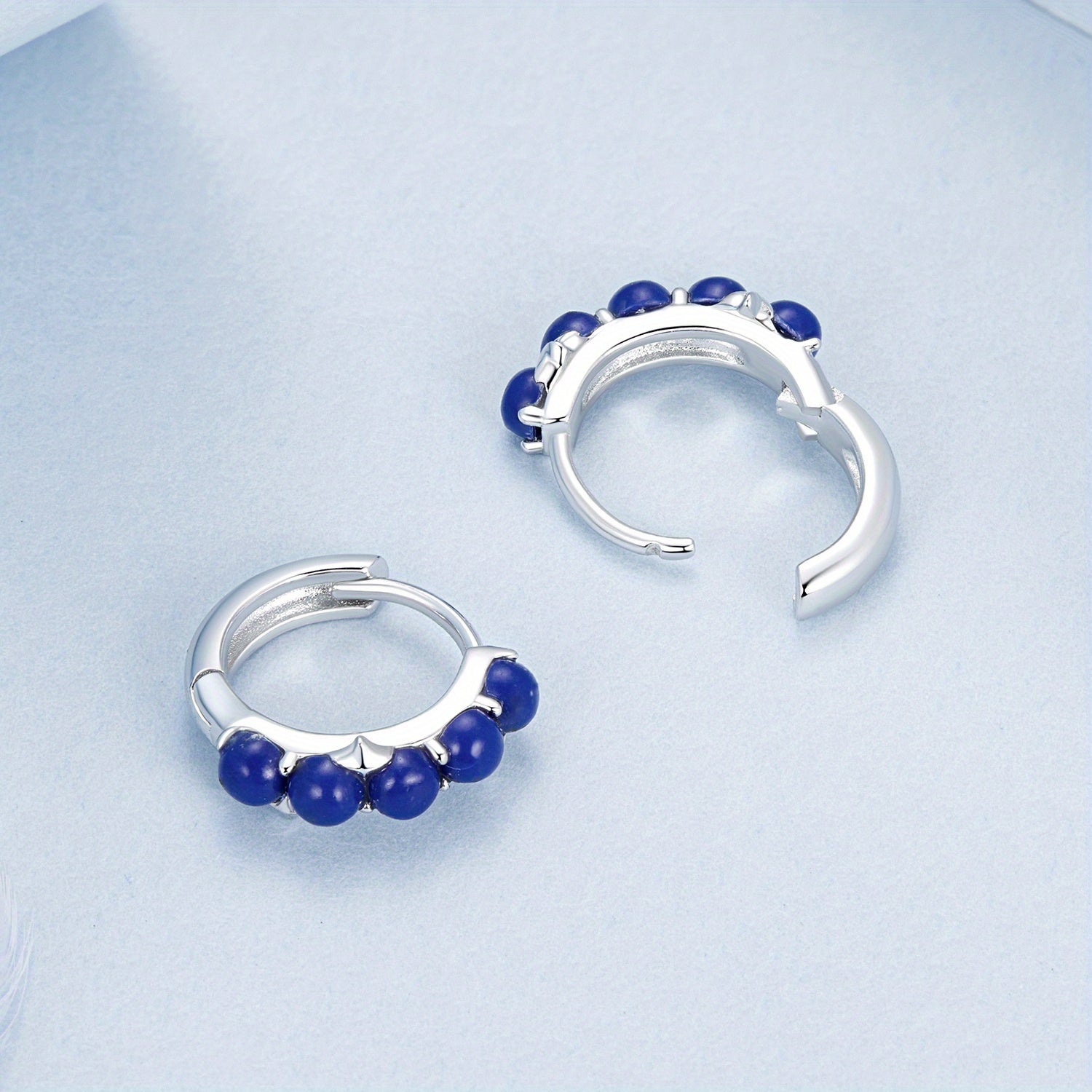 Women's Hoop Earrings with Synthetic Lapis Lazuli Beads Sterling Silver Jewelry