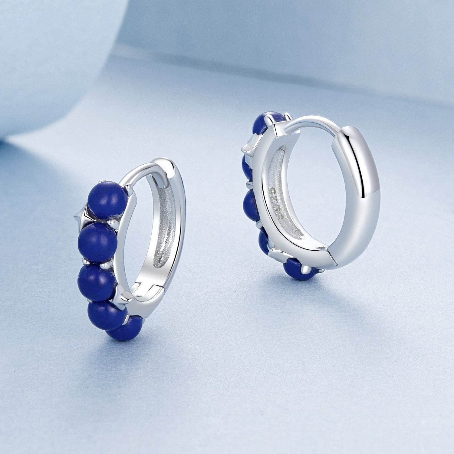 Women's Hoop Earrings with Synthetic Lapis Lazuli Beads Sterling Silver Jewelry
