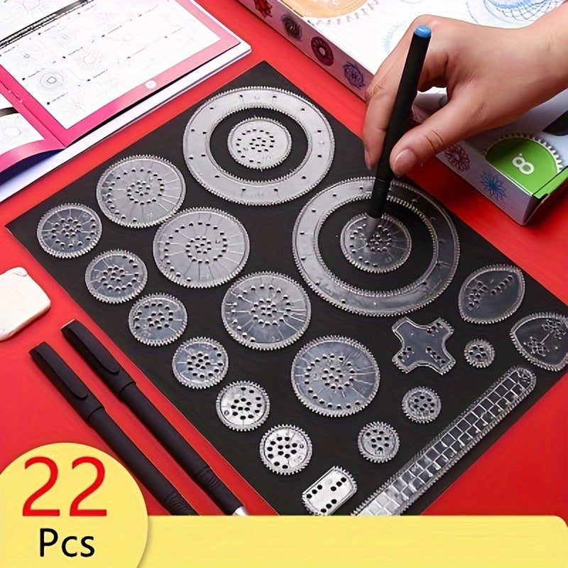 22-Piece Precision Ruler Set for Gear Designs with Stencils and Markers for Black Paper