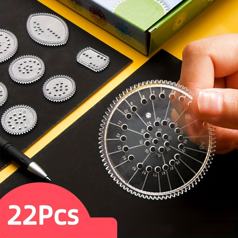 Set de reglas de precisión de 22 piezas para diseños de engranajes con plantillas y marcadores para papel negro