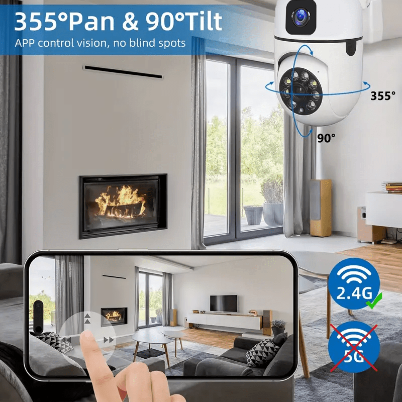 Security Camera with Dual Rotating Lenses Night Vision Motion Detection Two-Way Audio 355 Degree Panoramic
