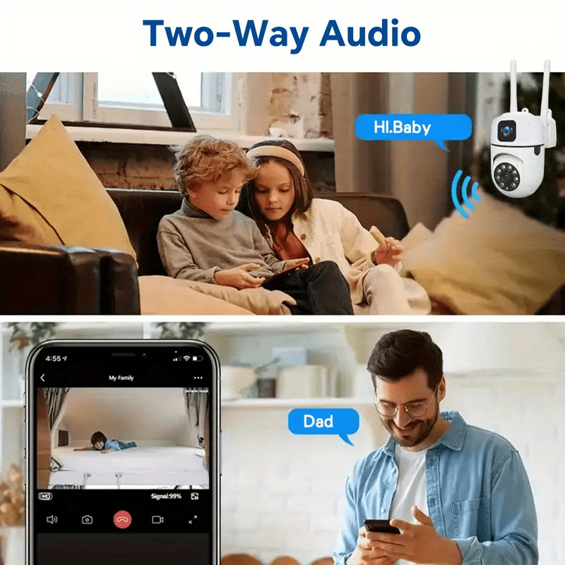 Security Camera with Dual Rotating Lenses Night Vision Motion Detection Two-Way Audio 355 Degree Panoramic