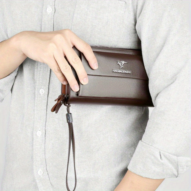 Men's Faux Leather Multi-Layer Business Handbag with Flap Phone Clutch and Card Slots