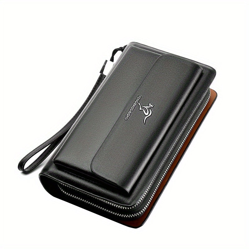 Men's Faux Leather Multi-Layer Business Handbag with Flap Phone Clutch and Card Slots