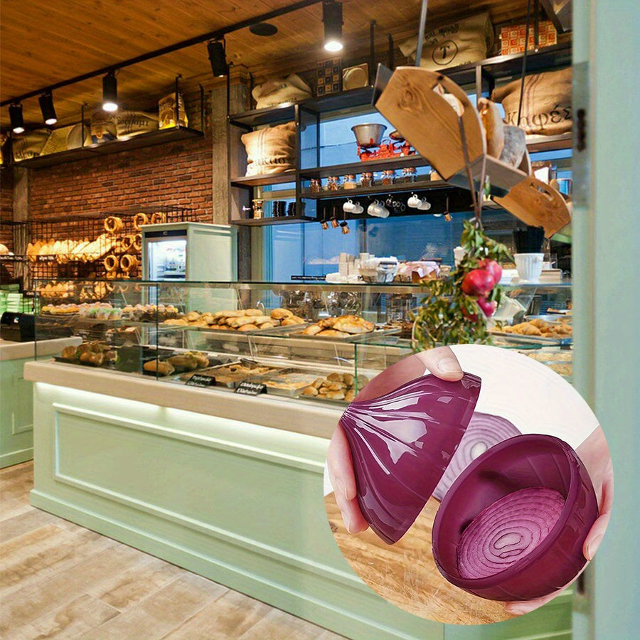 "Burgundy piyoz shaklidagi saqlash qutisi, muhrlanadigan qopqoq bilan - Piyozlar uchun mustahkam plastik idish, qayta ishlatiladigan va oshxona tashkiloti va saqlash uchun ideal"