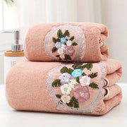 Coral Fleece Floral Embroidered Hand and Bath Towels Set Absorbent Quick-Drying Soft