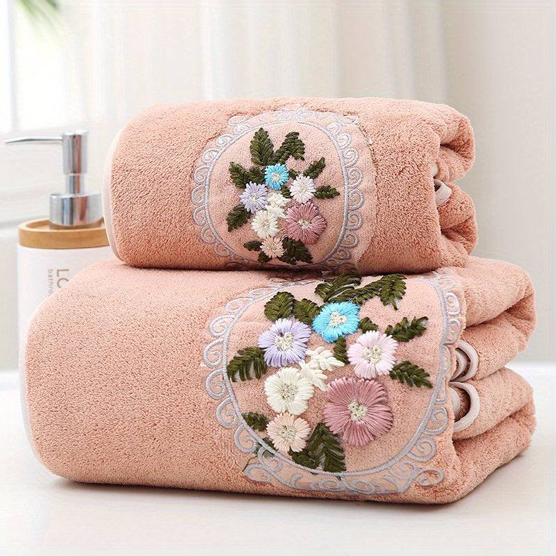 Coral Fleece Floral Embroidered Hand and Bath Towels Set Absorbent Quick-Drying Soft