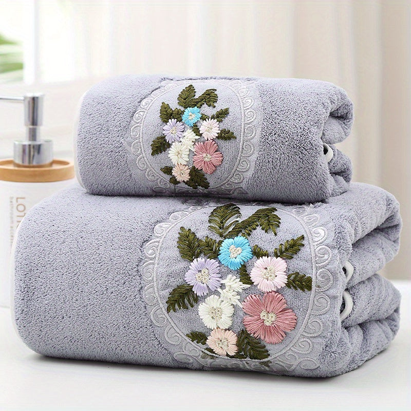 Coral Fleece Floral Embroidered Hand and Bath Towels Set Absorbent Quick-Drying Soft