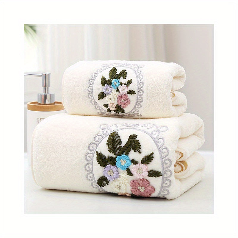 Coral Fleece Floral Embroidered Hand and Bath Towels Set Absorbent Quick-Drying Soft