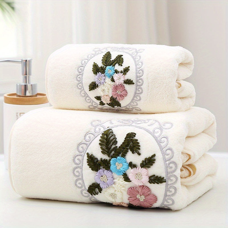Coral Fleece Floral Embroidered Hand and Bath Towels Set Absorbent Quick-Drying Soft