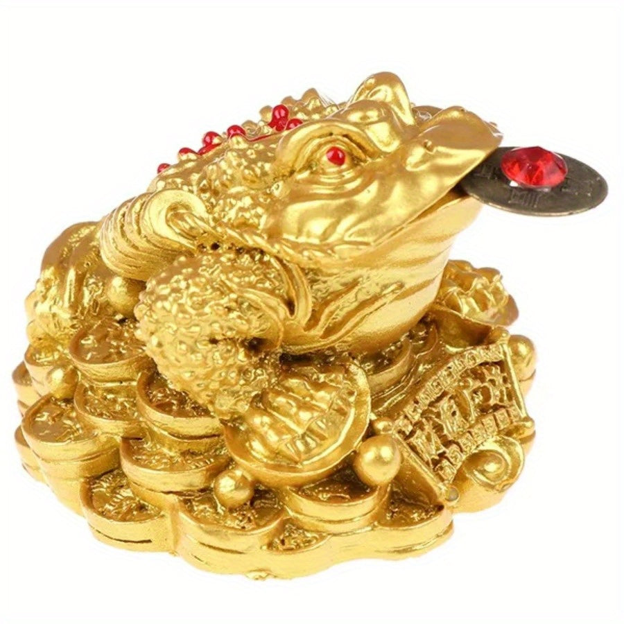 Resin Lucky Toad Ornament with Gold Coins Chinese Wealth Symbol Table Decor 5x4.5x3.8cm