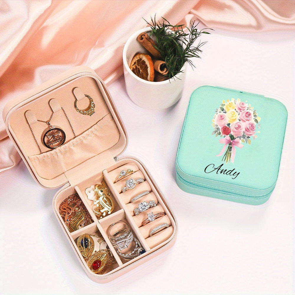 Ayollar uchun shaxsiylashtirilgan gulli zargarlik qutisi, PU charm, uzuk, sirg‘a va taqinchoq tashkilotchisi, sovg‘a