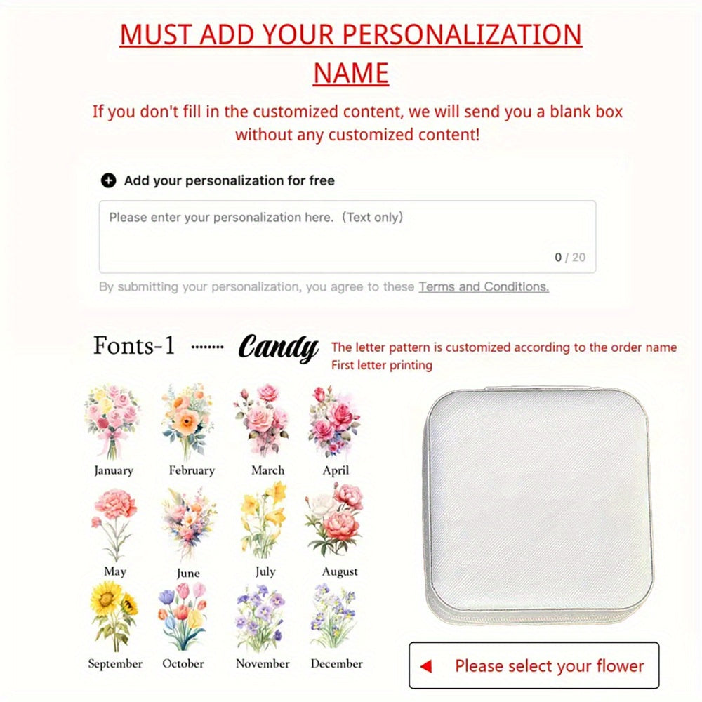 Ayollar uchun shaxsiylashtirilgan gulli zargarlik qutisi, PU charm, uzuk, sirg‘a va taqinchoq tashkilotchisi, sovg‘a