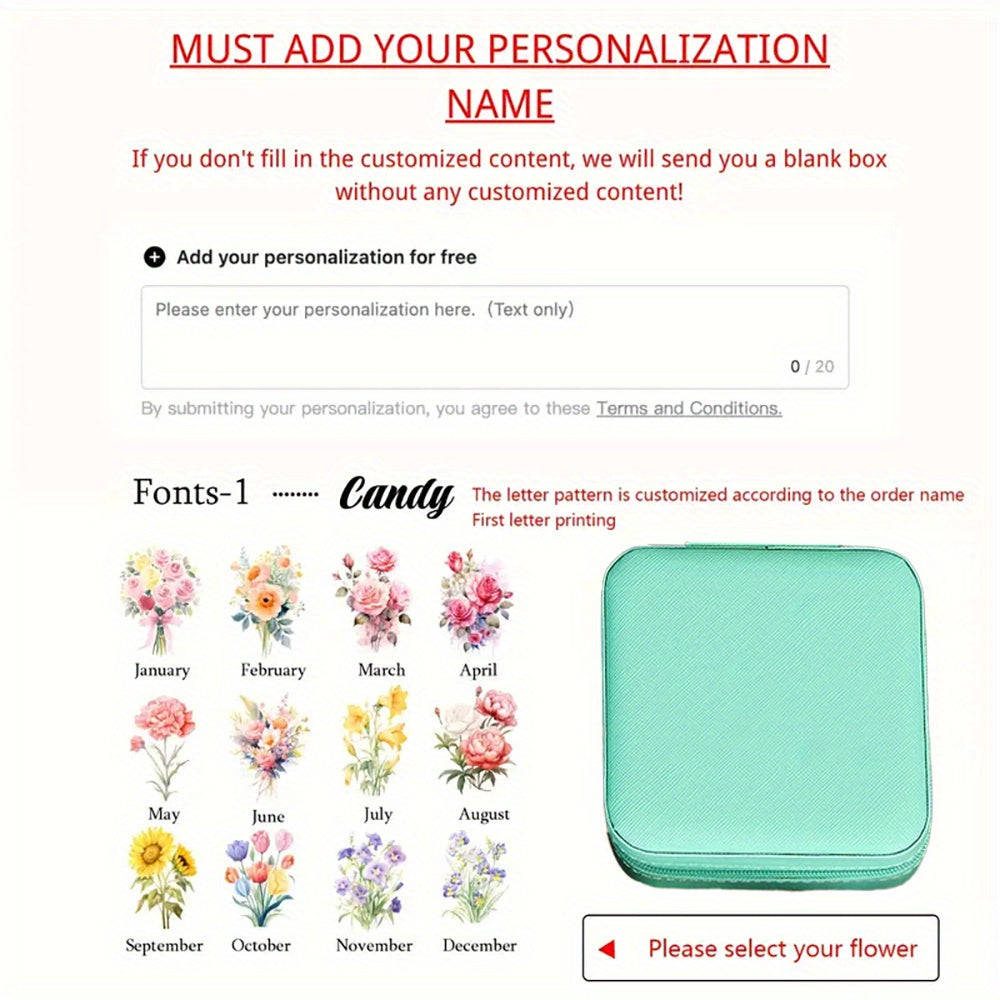 Ayollar uchun shaxsiylashtirilgan gulli zargarlik qutisi, PU charm, uzuk, sirg‘a va taqinchoq tashkilotchisi, sovg‘a