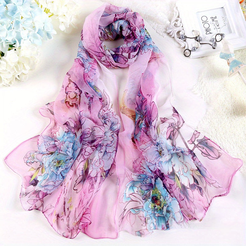 Vintage Peony Print Scarf for Women Breathable Polyester Decorative Fashion Accessory