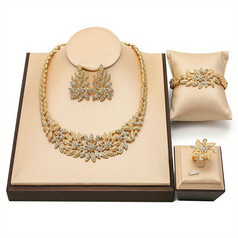Women's Gold Tone Jewelry Set with Necklace Bracelet Earrings and Ring for Weddings