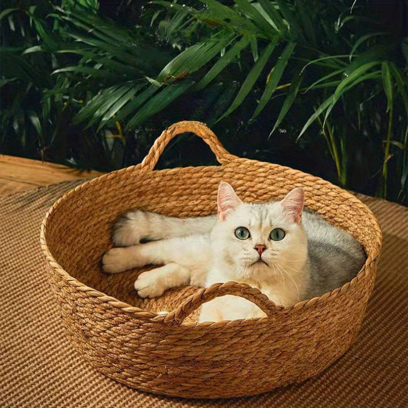 Set of Two Linen Rattan Cat Beds with Breathable Polyester Fill and Handles