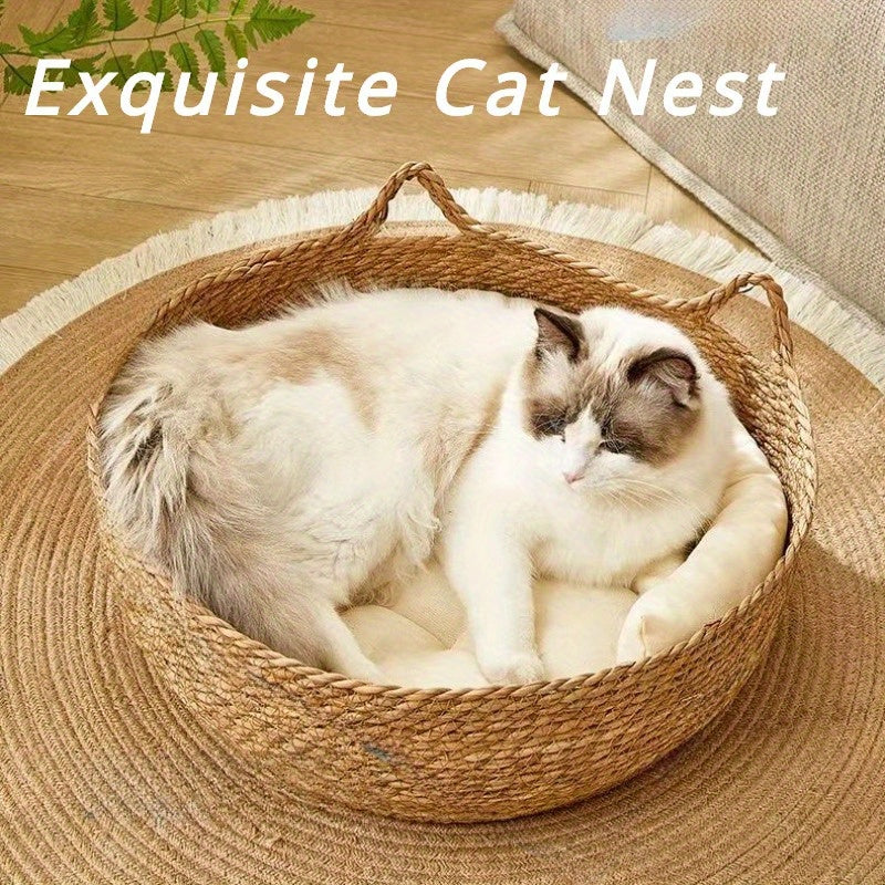 Set of Two Linen Rattan Cat Beds with Breathable Polyester Fill and Handles