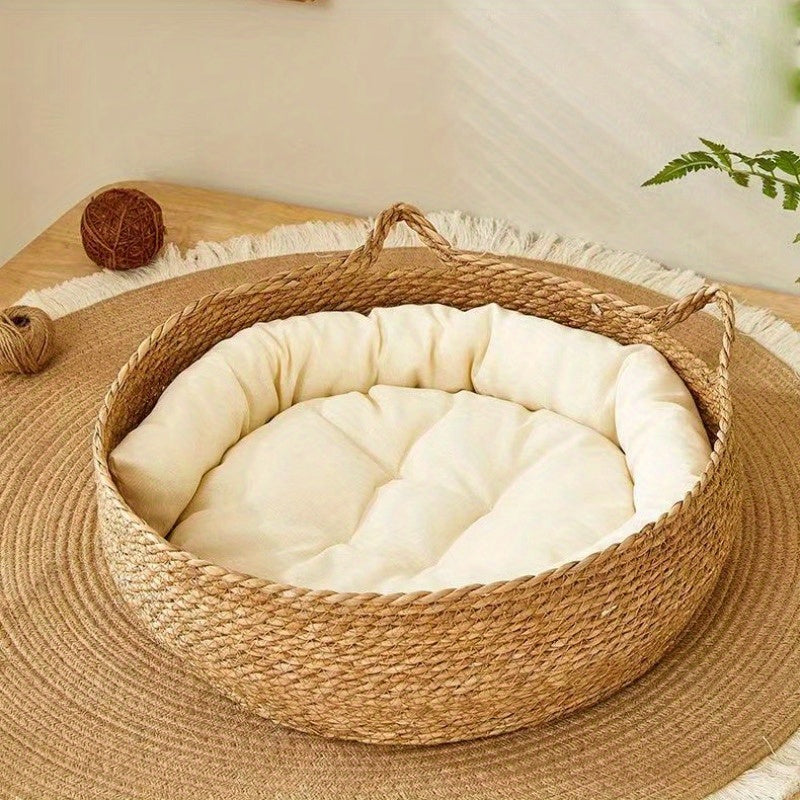 Set of Two Linen Rattan Cat Beds with Breathable Polyester Fill and Handles