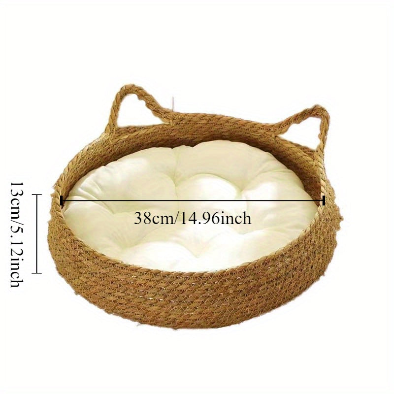 Set of Two Linen Rattan Cat Beds with Breathable Polyester Fill and Handles