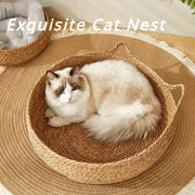 Set of Two Linen Rattan Cat Beds with Breathable Polyester Fill and Handles