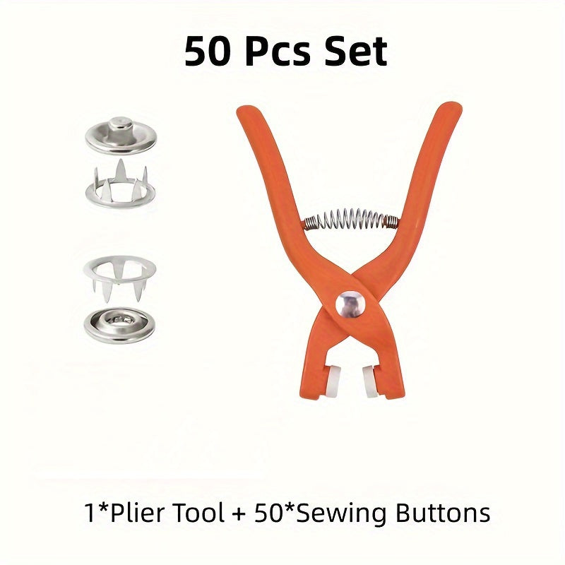 50 Sets of Metal Snap Fasteners Kit with Pliers for Sewing Crafts and Clothing Accessories in Orange and Silver Grey