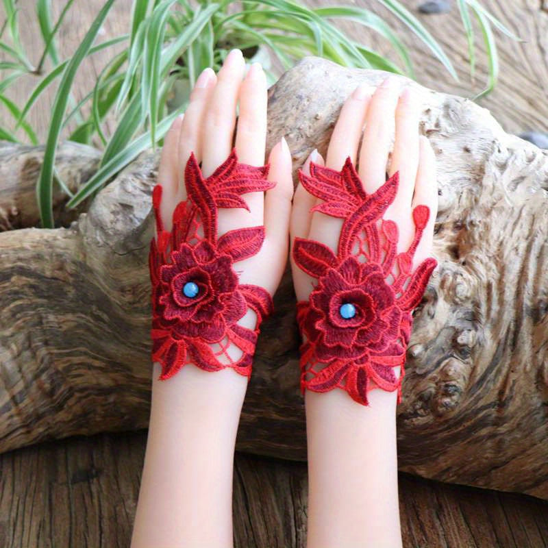 Women's Vintage Fingerless Gloves with Embroidered Lace Beaded Accents Ethnic Wrist Cuffs Polyester