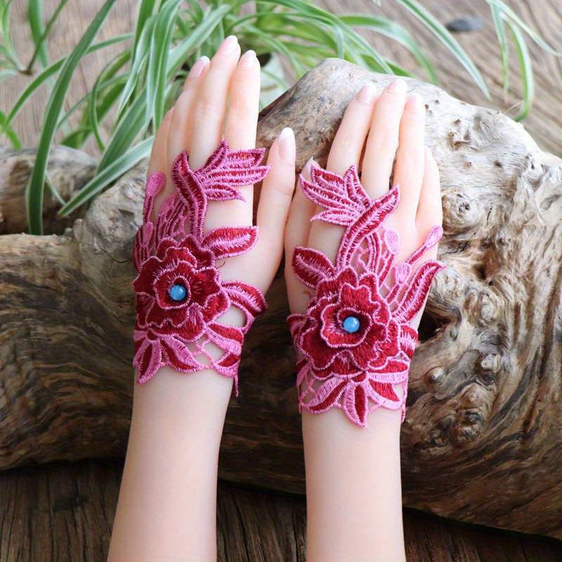 Women's Vintage Fingerless Gloves with Embroidered Lace Beaded Accents Ethnic Wrist Cuffs Polyester
