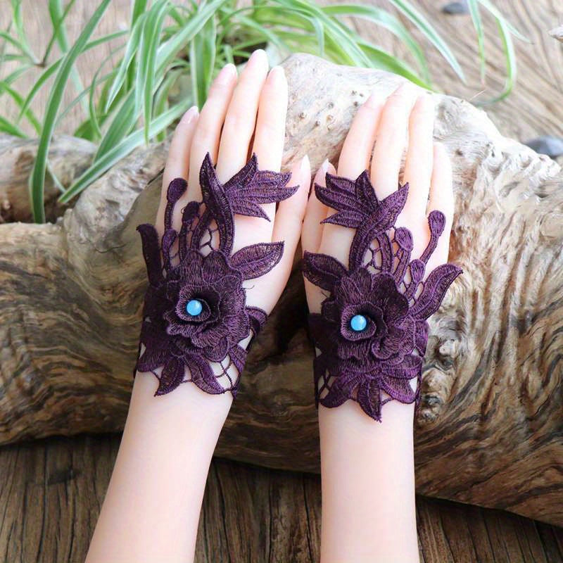 Women's Vintage Fingerless Gloves with Embroidered Lace Beaded Accents Ethnic Wrist Cuffs Polyester