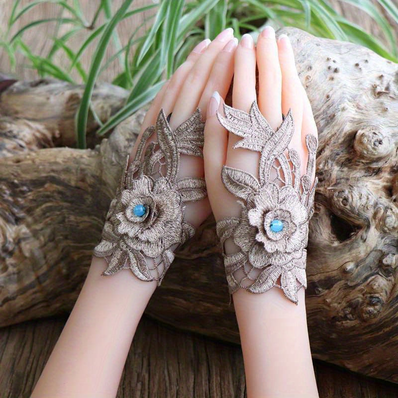 Women's Vintage Fingerless Gloves with Embroidered Lace Beaded Accents Ethnic Wrist Cuffs Polyester