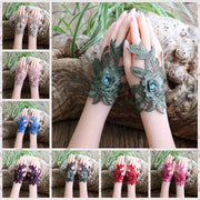 Women's Vintage Fingerless Gloves with Embroidered Lace Beaded Accents Ethnic Wrist Cuffs Polyester