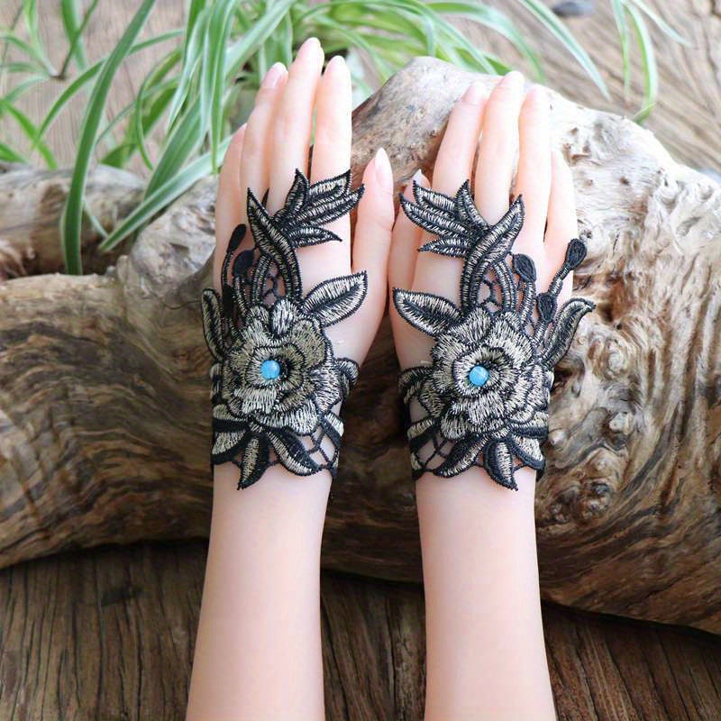 Women's Vintage Fingerless Gloves with Embroidered Lace Beaded Accents Ethnic Wrist Cuffs Polyester
