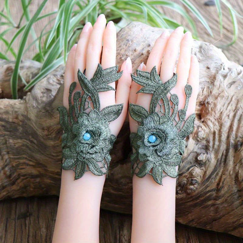 Women's Vintage Fingerless Gloves with Embroidered Lace Beaded Accents Ethnic Wrist Cuffs Polyester