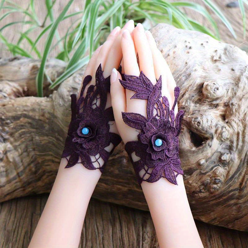 Women's Vintage Fingerless Gloves with Embroidered Lace Beaded Accents Ethnic Wrist Cuffs Polyester