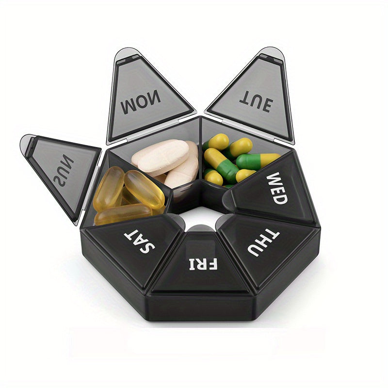 7 kunlik tabletkalarni tashkil etuvchi portativ plastmassa dorixona qutisi qopqoq dizayni