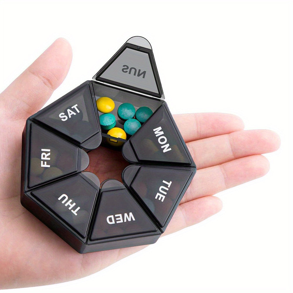 7 kunlik tabletkalarni tashkil etuvchi portativ plastmassa dorixona qutisi qopqoq dizayni