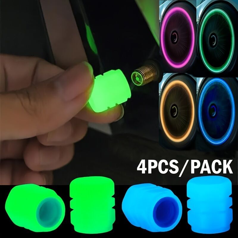 4 Pcs Glow-in-The-Dark Valve Caps Fluorescent Green Blue for Cars Bikes Motorcycles