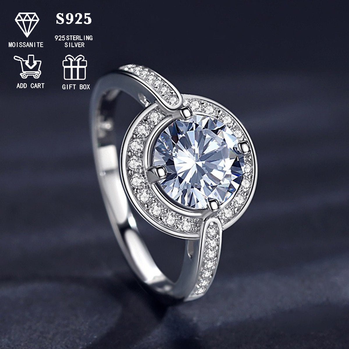 Bu 2ct/3ct Moissanite dumaloq olmosi kesimi dizayni bilan bezatilgan go'zal va ko'p qirrali S925 gipoallergen kumush uzuk. Bu har qanday tadbir uchun, masalan, takliflar, yubileylar, 14-fevral yoki shunchaki kundalik kiyish uchun mukammal sovg'a.