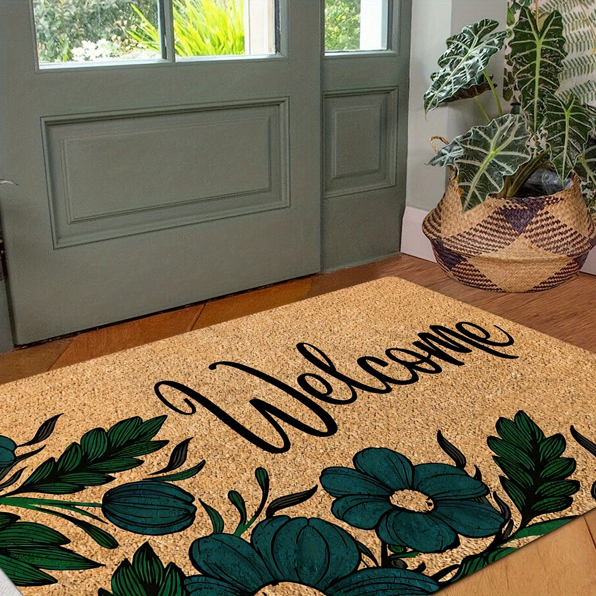 Alfombra de bienvenida con flores en color marrón - Antideslizante, resistente a las manchas de poliéster con respaldo de esponja, ideal para entrada, cocina, sala de estar y más